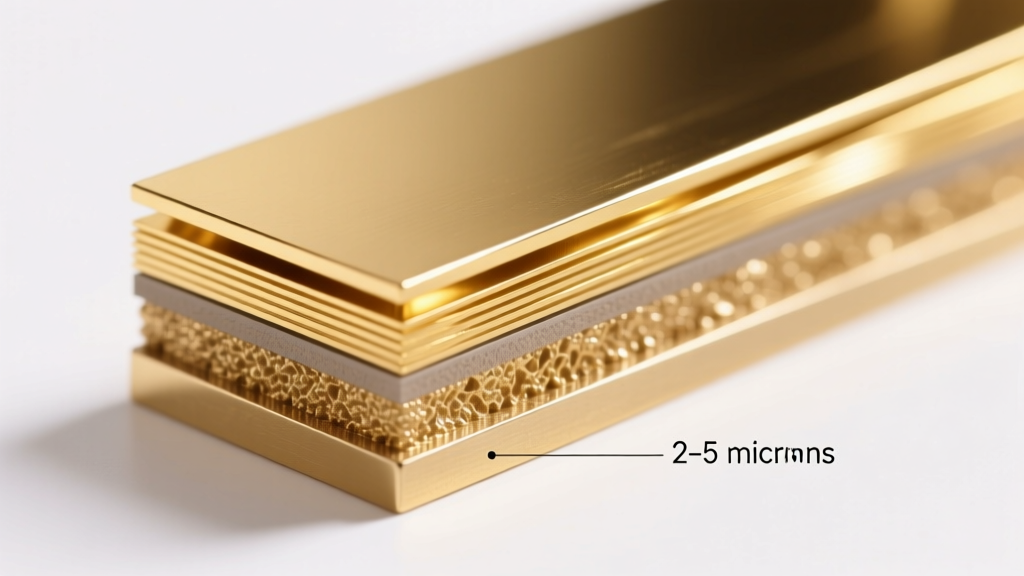 Technical diagram showing the micron thickness of gold plating over a brass jewelry base alloy on a clean white background