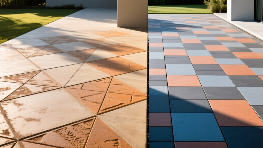 Split-screen landscape design featuring a smooth stamped concrete patio on the left and an interlocking paver patio on the right