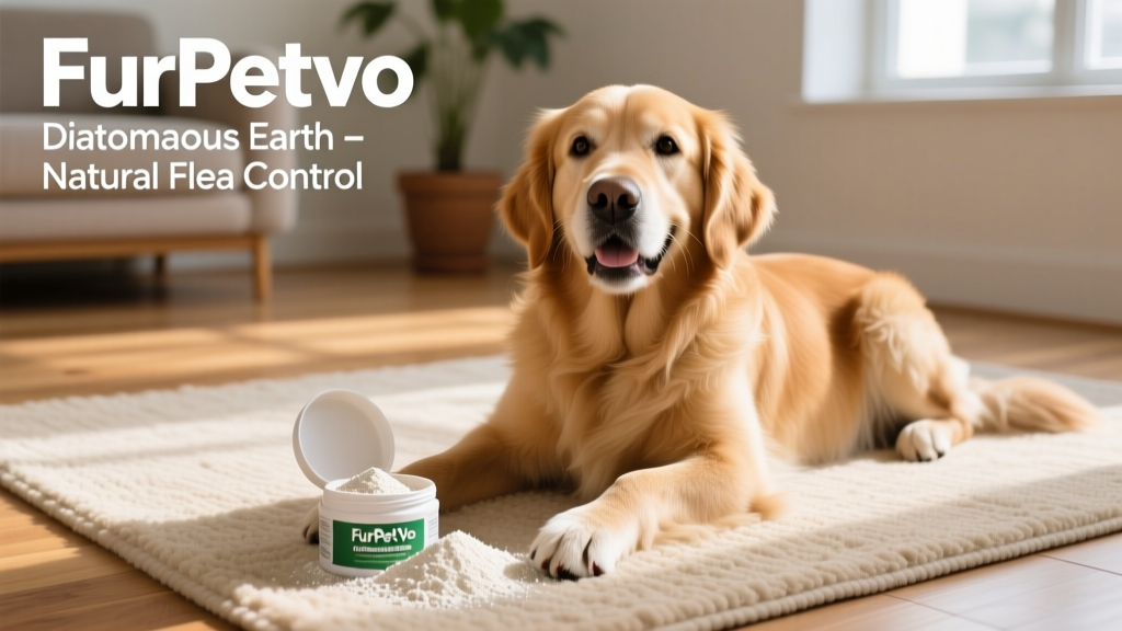 Happy, healthy golden retriever lounging on a clean rug next to a small open container of FurPetVo diatomaceous earth powder