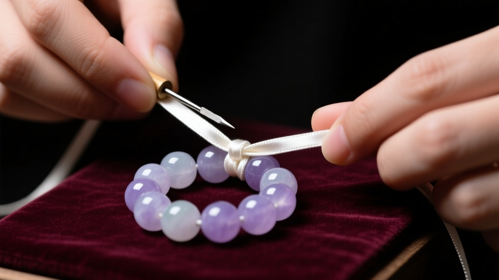 Close-up of hands knotting white silk cord between round lavender jadeite beads using a beading awl on a dark velvet work mat.
