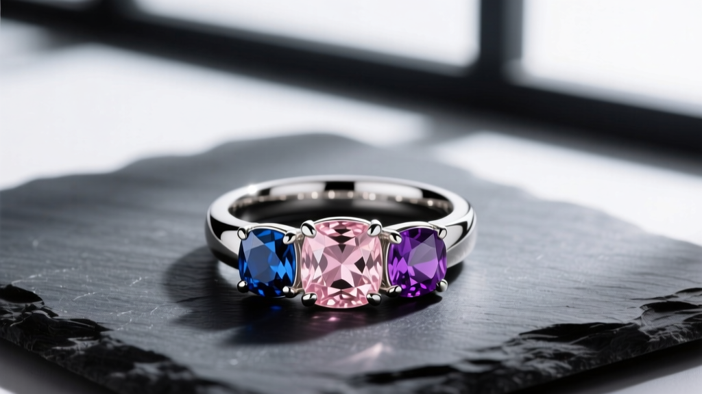 Overhead view of a custom platinum mom birthstone ring featuring three bezel-set gems in varying colors on a dark slate surface