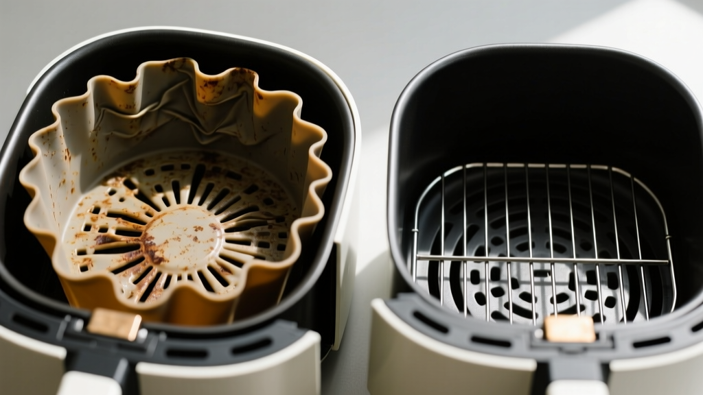 Close-up of a heavily used warped silicone air fryer liner next to a pristine 304-grade stainless steel wire rack inside a nonstick basket