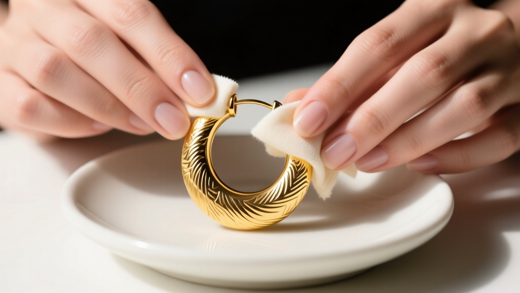 Hands using a soft microfiber cloth to gently polish a textured 14k yellow gold statement hoop earring over a matte ceramic dish.