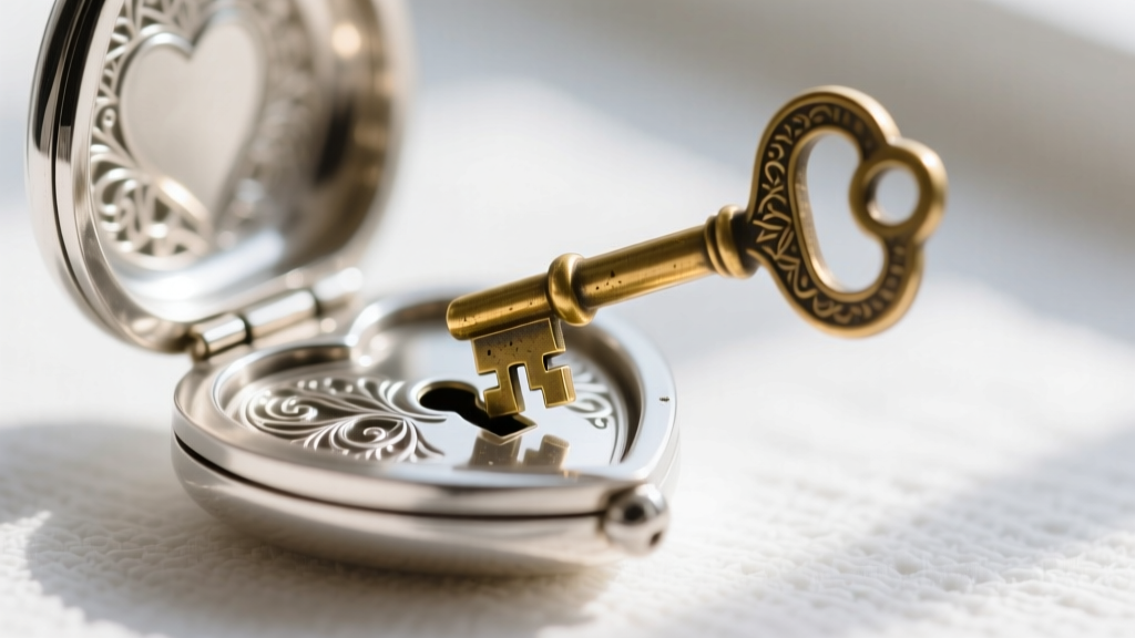 Macro photography of a tiny brass key being inserted into a sterling silver heart locket with a working lock mechanism.