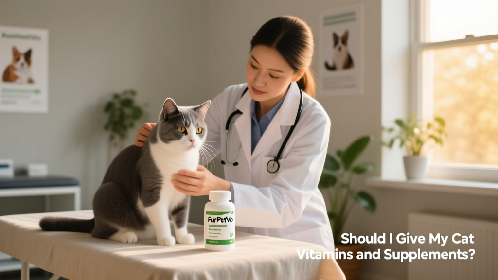 Veterinarian gently examining a cat while holding a bottle of FurPetVo feline supplement