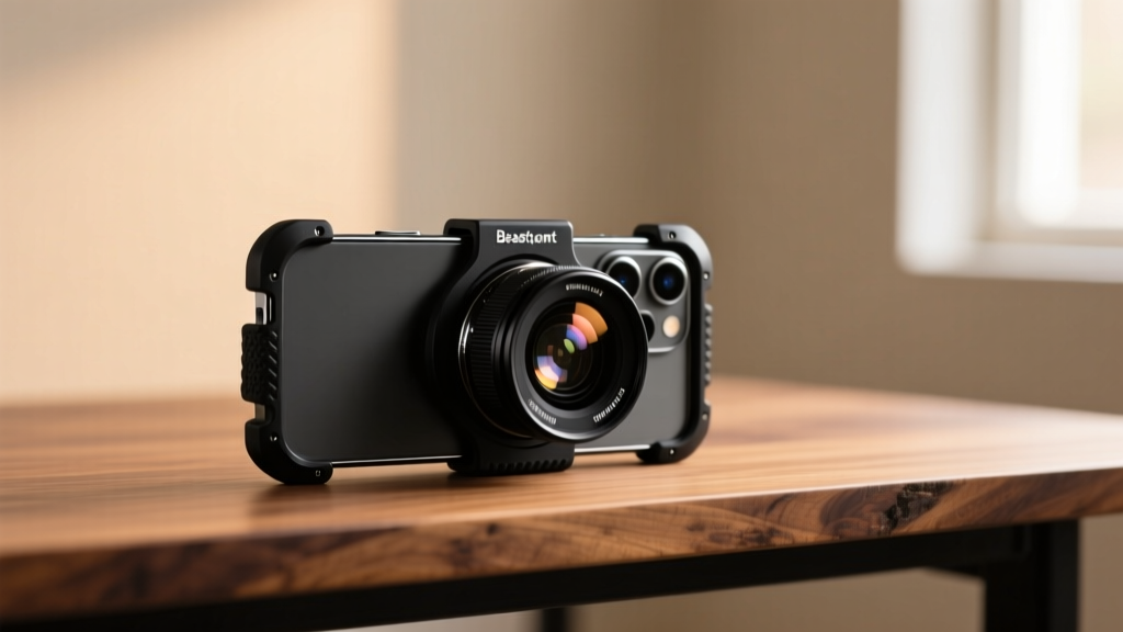 iPhone 15 Pro Max mounted in a matte black Beastgrip cage with a Moment anamorphic lens attached, resting on a wooden desk with warm studio lighting