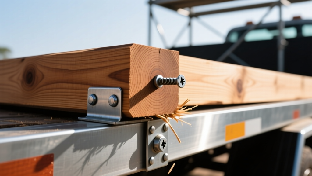 Close-up of heavy-duty Apitong hardwood planks being screwed into the galvanized steel crossmembers of a flatbed utility trailer
