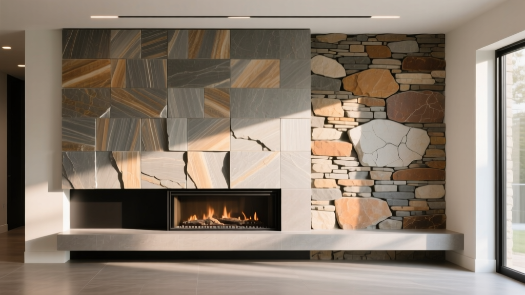 Interlocking panelized veneer stack stone installed next to traditional mortar-applied stacked stone on a modern interior fireplace wall