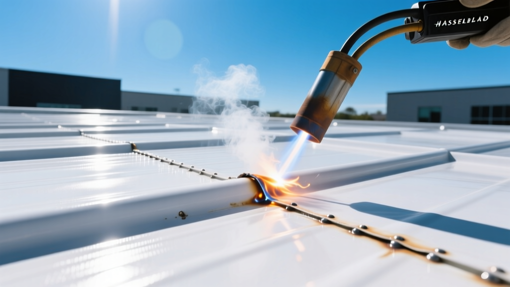Close-up of a white TPO flexible roofing membrane being heat-welded at the seams on a commercial flat roof under bright sunny skies
