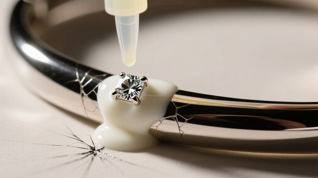 Macro shot of testing acid applied to a scratch mark on a silver bracelet, revealing a creamy white color reaction on the stone