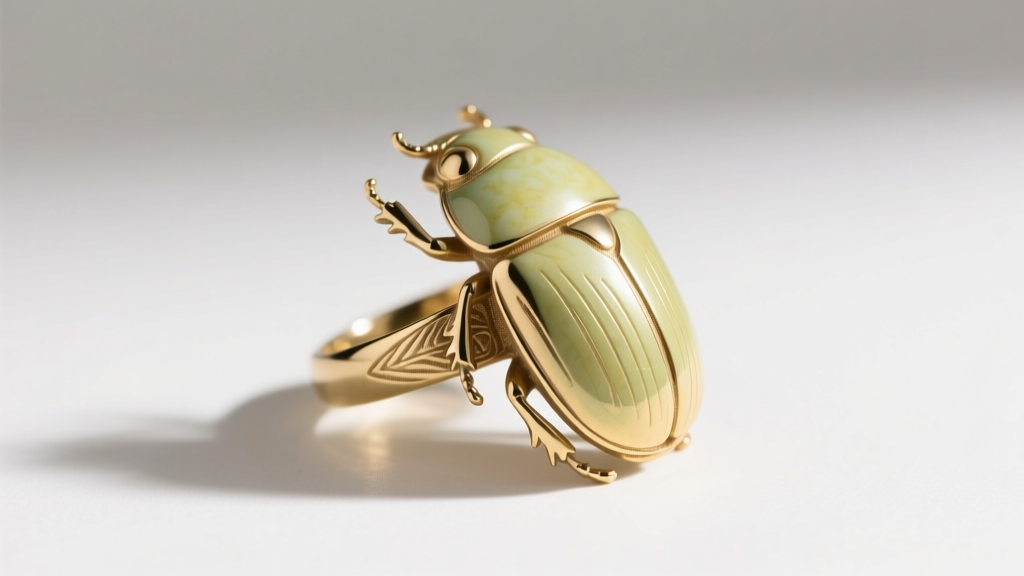 Side profile of a modern electrum replica scarab ring highlighting the distinct pale yellow-green hue of the ancient metal alloy.