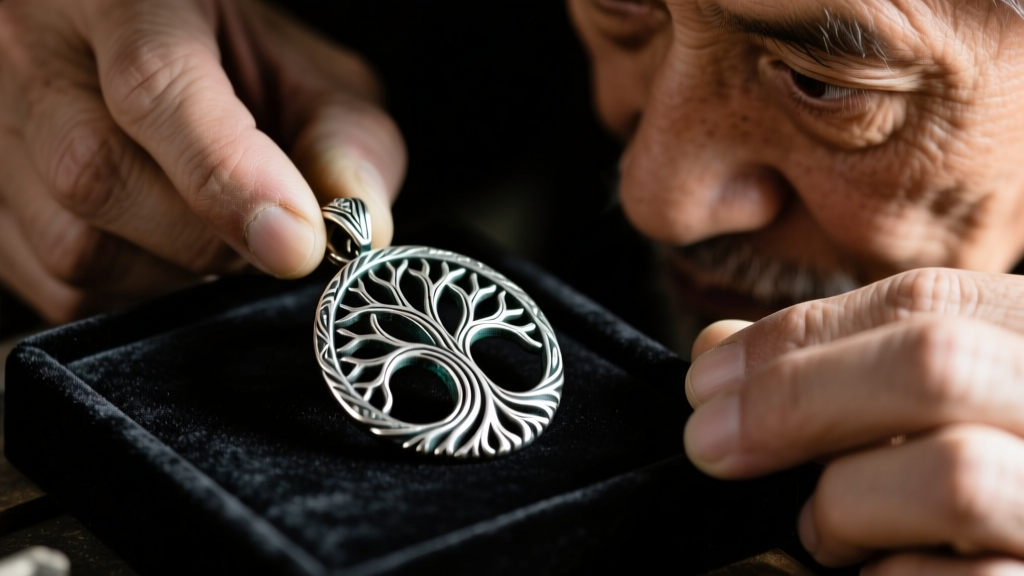 Close-up of a jeweler examining deep grooves of an oxidized silver Tree of Life pendant, showing contrast in the dark recesses.
