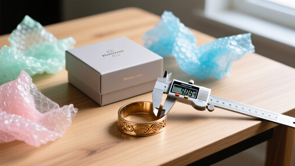 Flat lay of jewelry shipping boxes, bubble wrap, and a digital caliper measuring a brass cuff bracelet on a wooden desk.