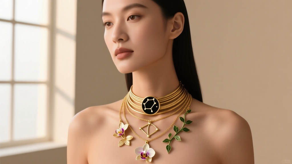 Model wearing a layered 18k gold necklace stack with celestial and botanical pendants against a soft neutral studio backdrop