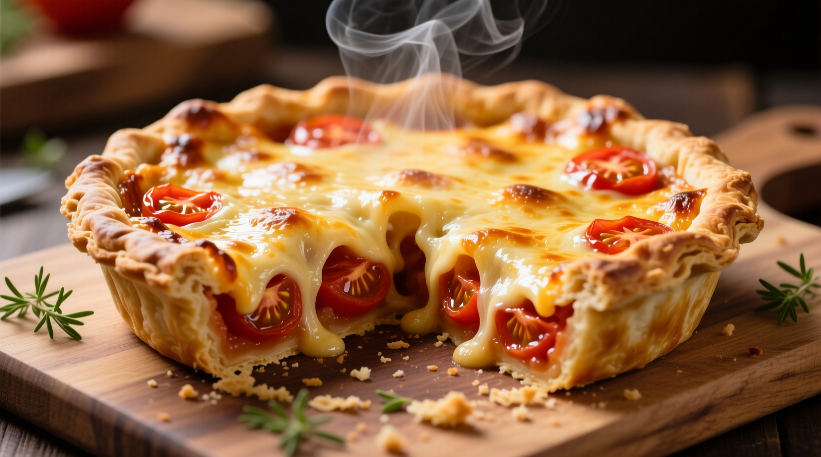 Golden tomato pie with bubbling cheese edges
