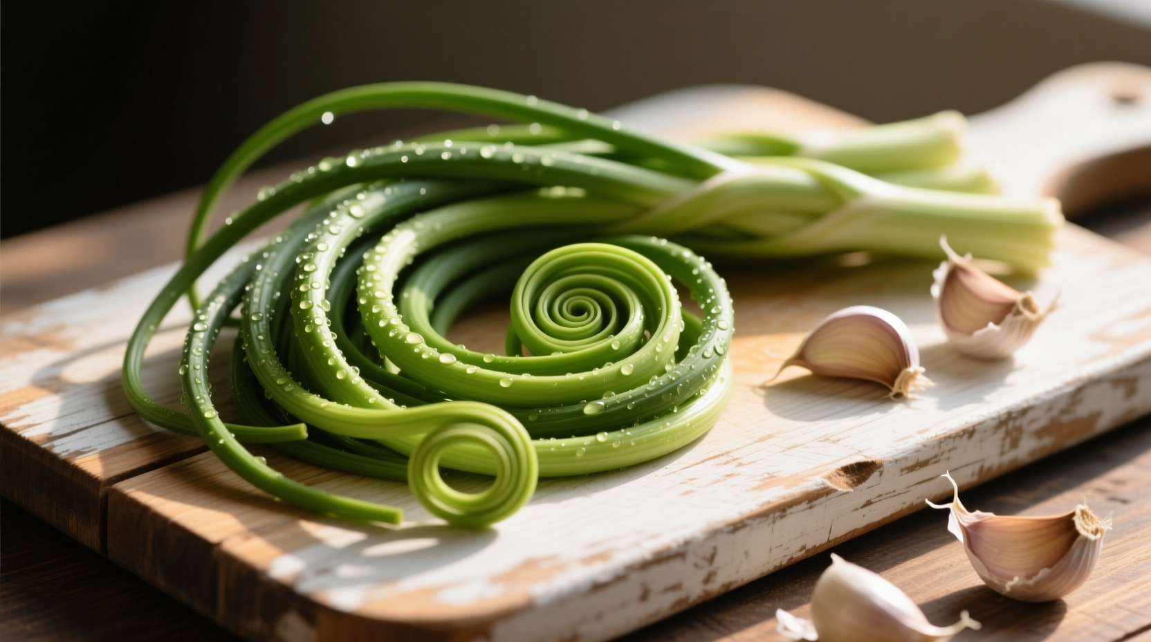Fresh garlic scapes arranged on wooden cutting board