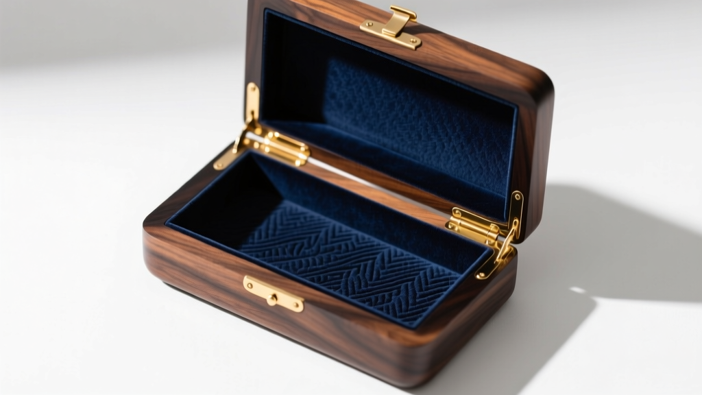 Overhead view of handcrafted black walnut jewelry box with open lid, navy anti-tarnish velvet lining and polished brass hinges