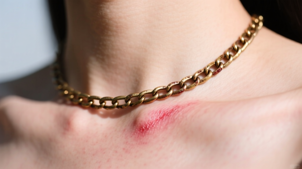 Close-up of a female collarbone showing a faint red contact dermatitis rash caused by a tarnished brass fashion necklace chain