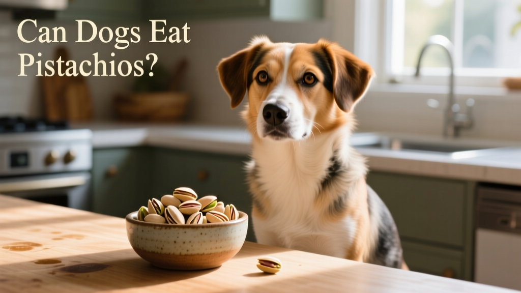 A dog sitting beside a small bowl of plain, shelled pistachios on a kitchen counter