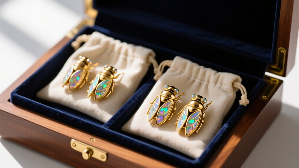 Gold cicada earrings with opal inlays stored inside anti-tarnish microfiber pouches within a dark velvet-lined wooden jewelry box
