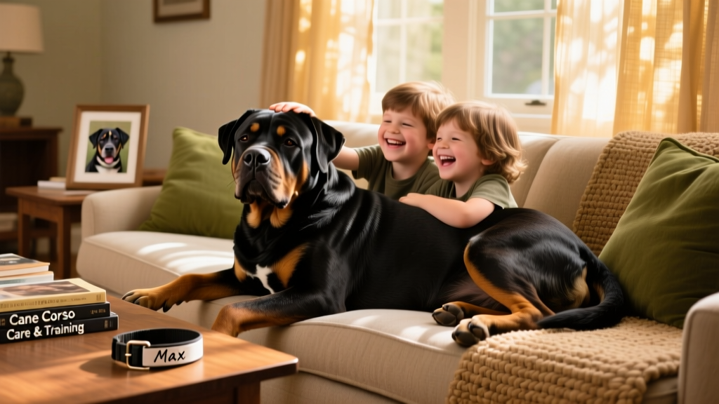 An adult Rotticorso lying calmly beside its family on a living room sofa, illustrating its gentle, affectionate side with children nearby