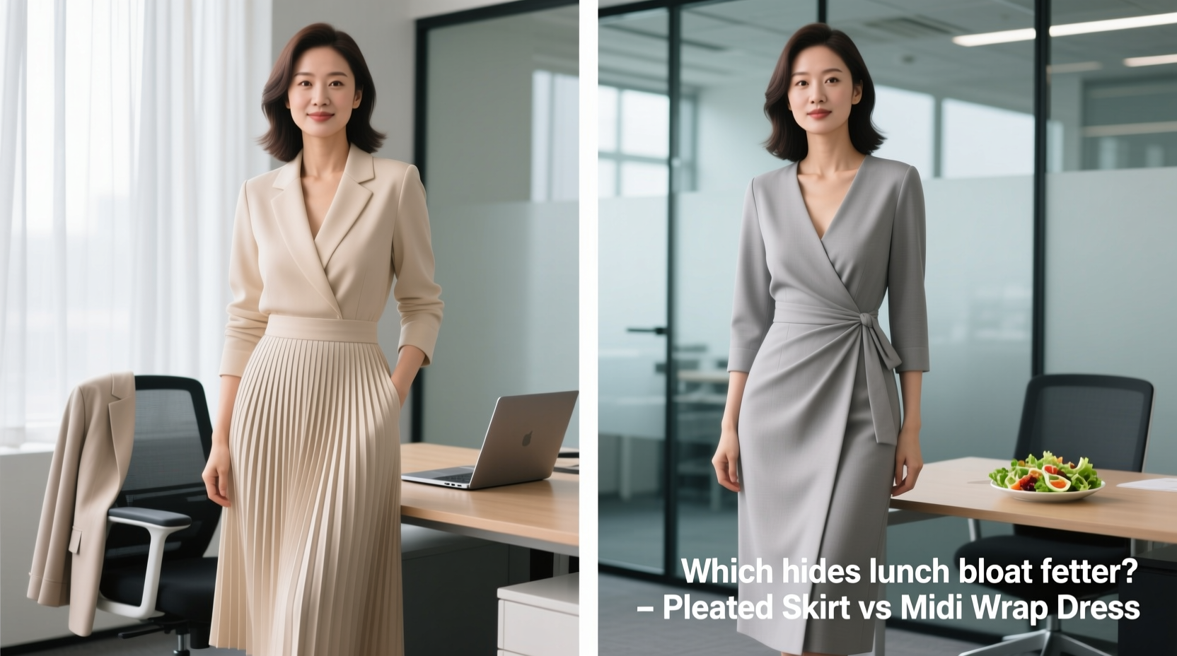 pleated skirt vs midi wrap which hides lunch bloat better at work