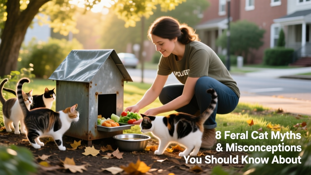 A volunteer gently placing food and fresh water in a weatherproof feeding station for a colony of feral cats