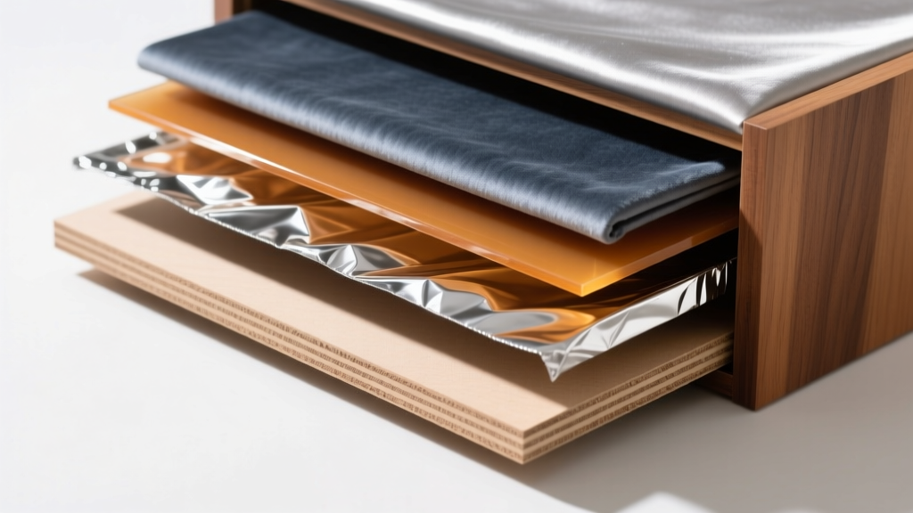 Cross-section of a drawer showing layers of MDF base, acid-free adhesive, foil barrier, and treated Pacific Silvercloth lining