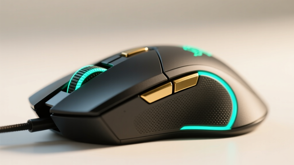 Macro shot of a Razer DeathAdder V3 Pro Genshin Impact edition showing the textured matte coating and glowing side grips.