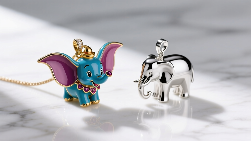 A vibrant enameled Dumbo pendant displayed next to a polished sterling silver elephant pendant on a white marble stone surface