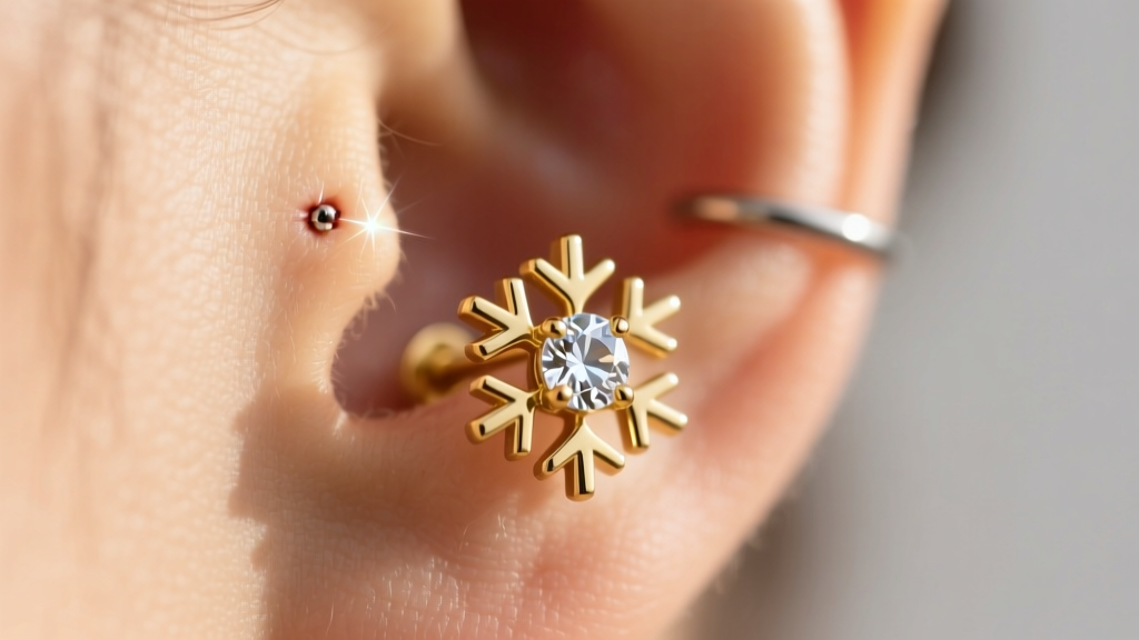 Close-up of a threadless 14k gold snowflake cartilage stud with a clear gem inserted into a healed upper helix ear piercing.