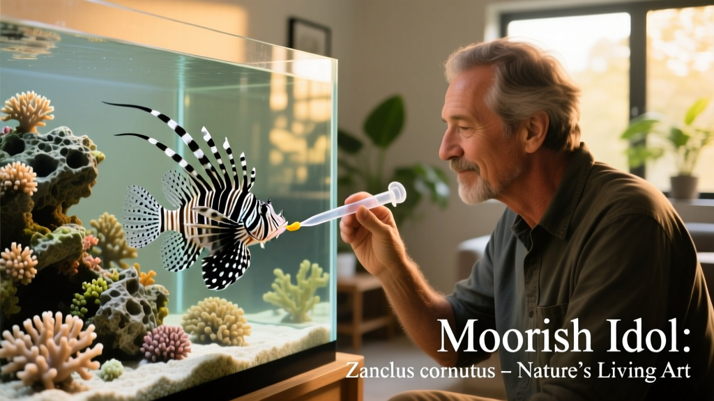 Aquarium keeper offering food to a Moorish idol using a feeding pipette near live rock