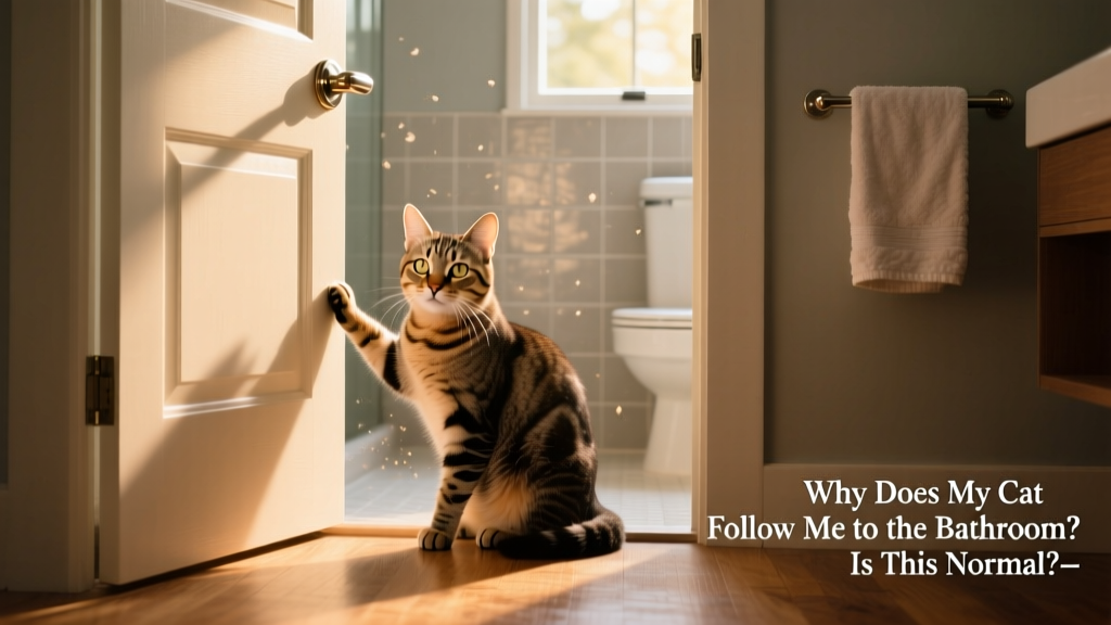 A curious cat sitting beside a closed bathroom door, paw resting on the handle