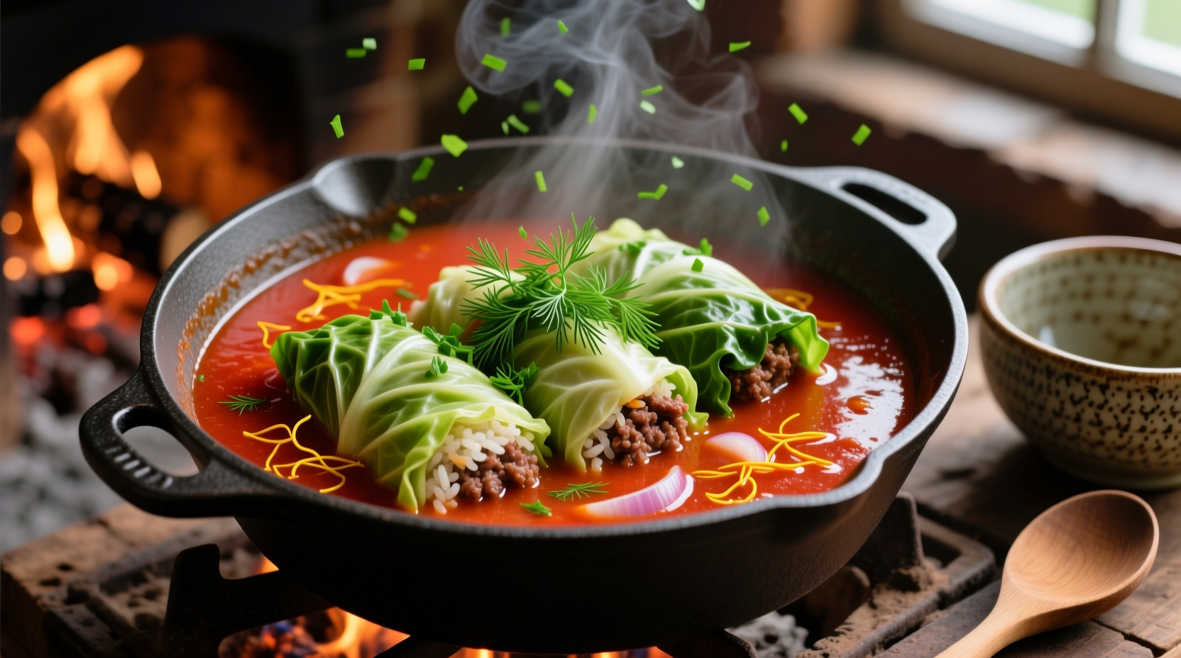 Cabbage rolls simmering in tomato soup with fresh dill garnish