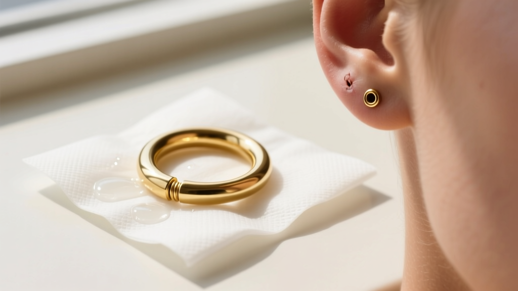 Macro shot of a 16-gauge gold helix hoop resting on a sterile saline wipe beside a healed upper cartilage piercing on clear skin