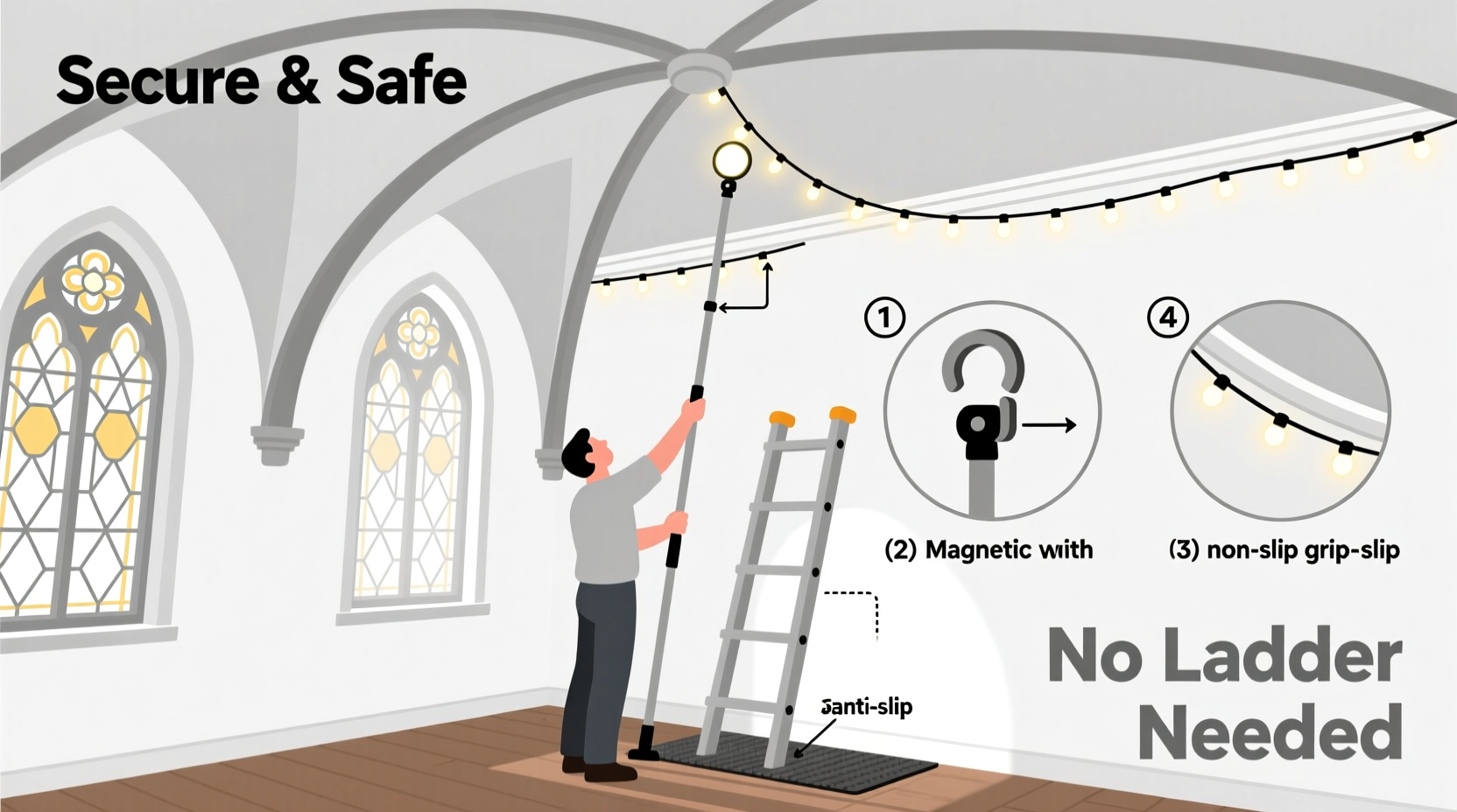 how to hang lights on a vaulted ceiling without scaffolding or risking ladder falls
