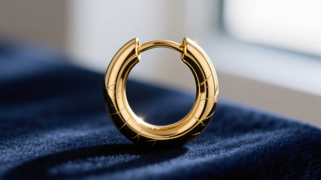 Close-up of a 12mm 14k gold huggie hoop on velvet, showing the secure clicker hinge and high-polish finish without gemstones.
