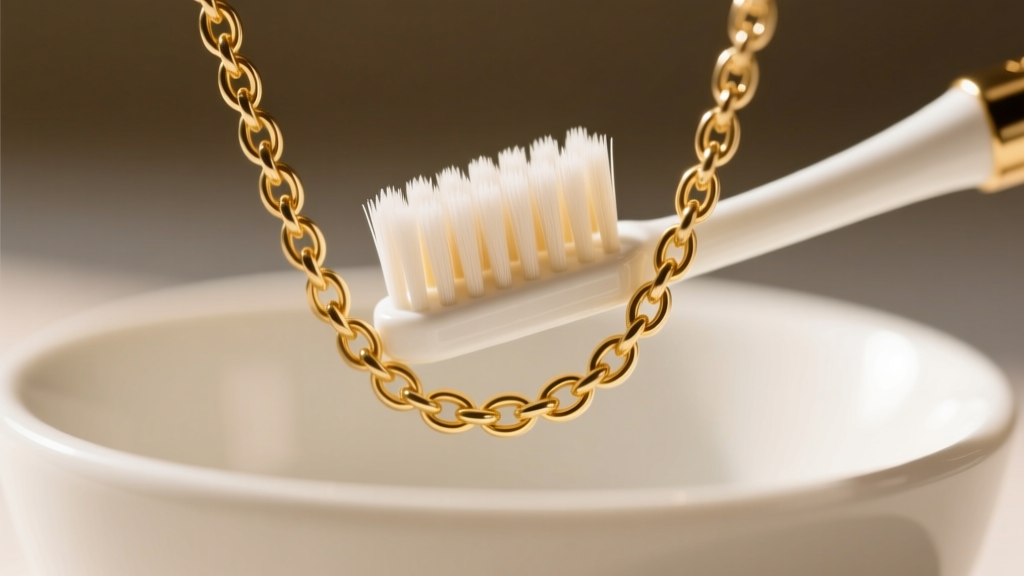 Close-up of a soft-bristled toothbrush gently cleaning the intricate links of a delicate gold rope chain over a white ceramic bowl