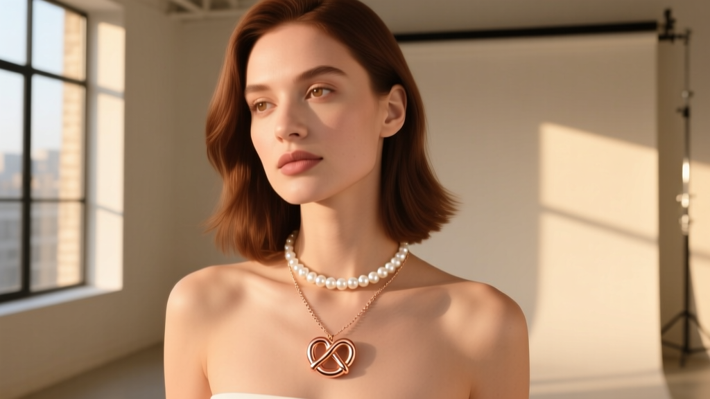 Woman wearing a 15mm rose gold pretzel pendant on a 1.2mm box chain, layered with a simple white pearl choker in natural daylight