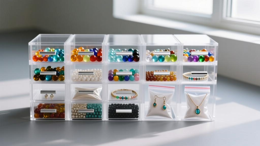 Clear acrylic drawers filled with sorted glass beads, anti-tarnish strips, and ziplock bags of finished teen jewelry projects.