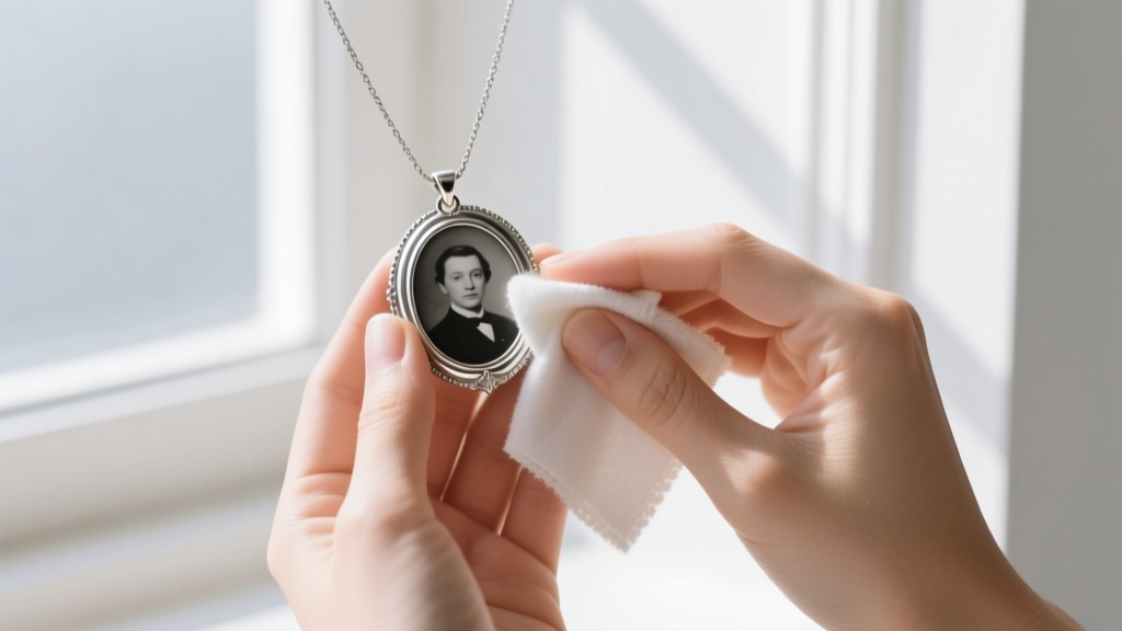Hands gently wiping a silver photo pendant with a dry microfiber cloth, avoiding liquid cleaners, under bright natural window light