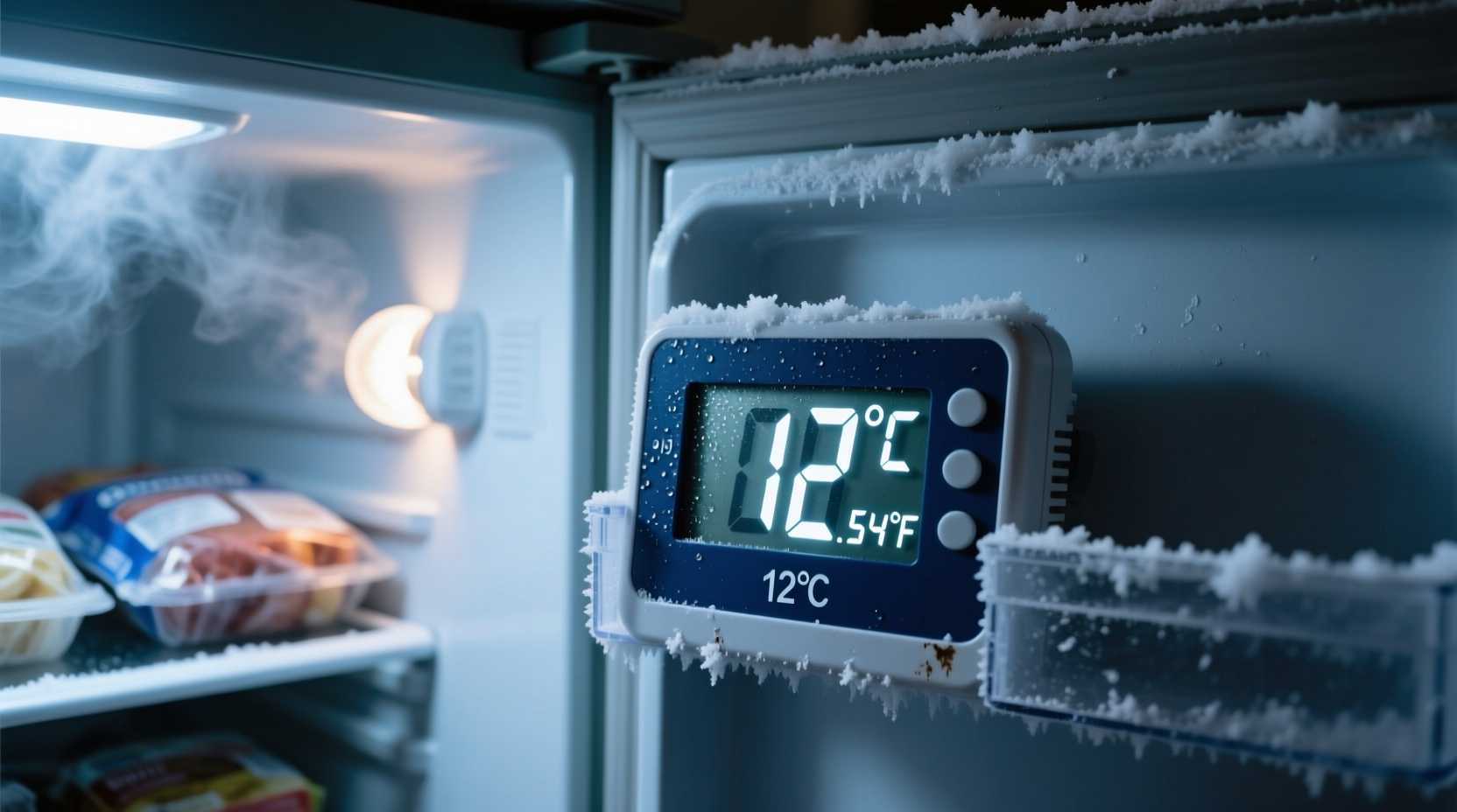 Thermometer showing freezer temperature during power outage