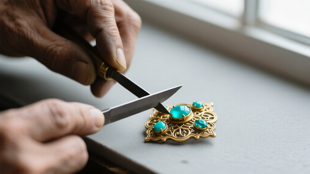 Macro shot of a jeweler using a fine saw blade to dismantle a vintage brass brooch while preserving small turquoise cabochon stones