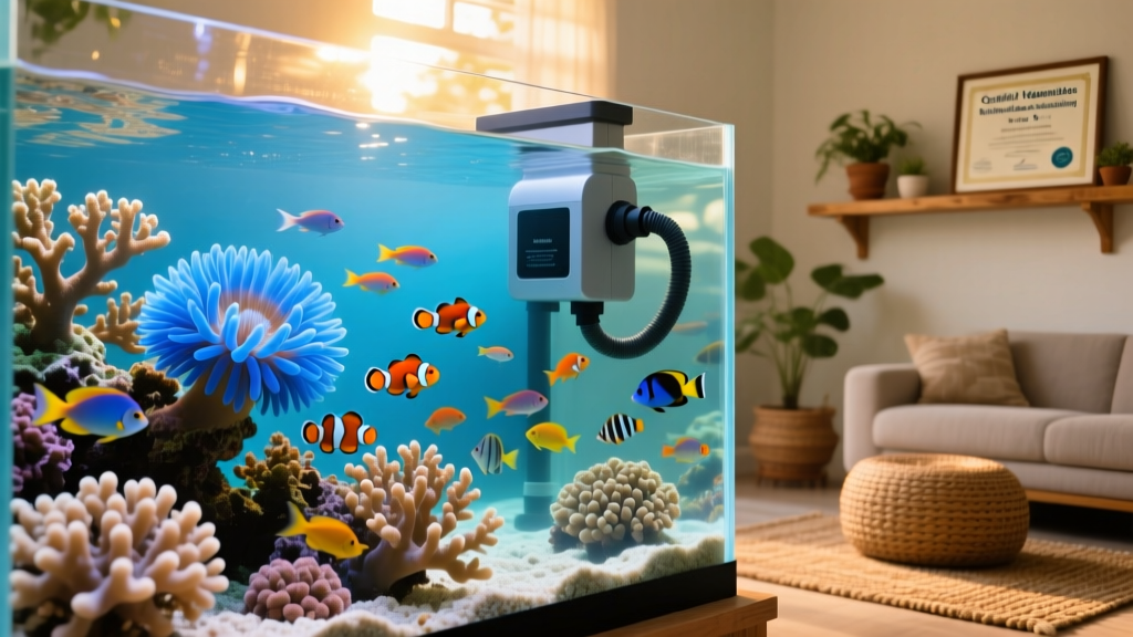 Close-up of a thriving saltwater aquarium with healthy corals and fish, illustrating ideal water quality