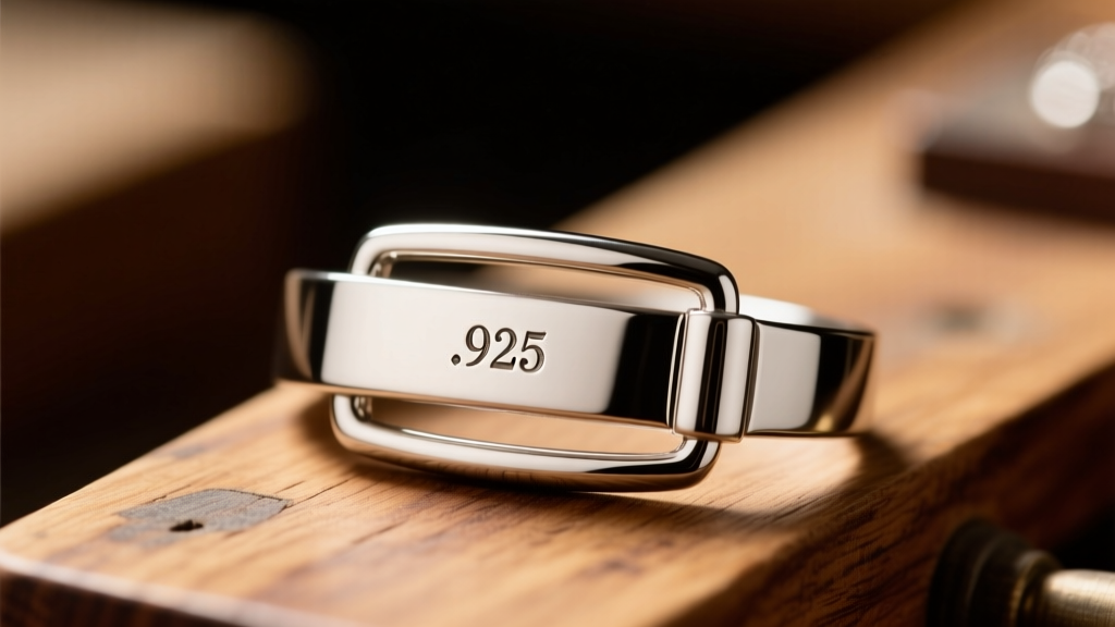 Macro shot of a silver clasp showing a stamped .925 hallmark against a blurred background of a wooden jeweler's workbench.