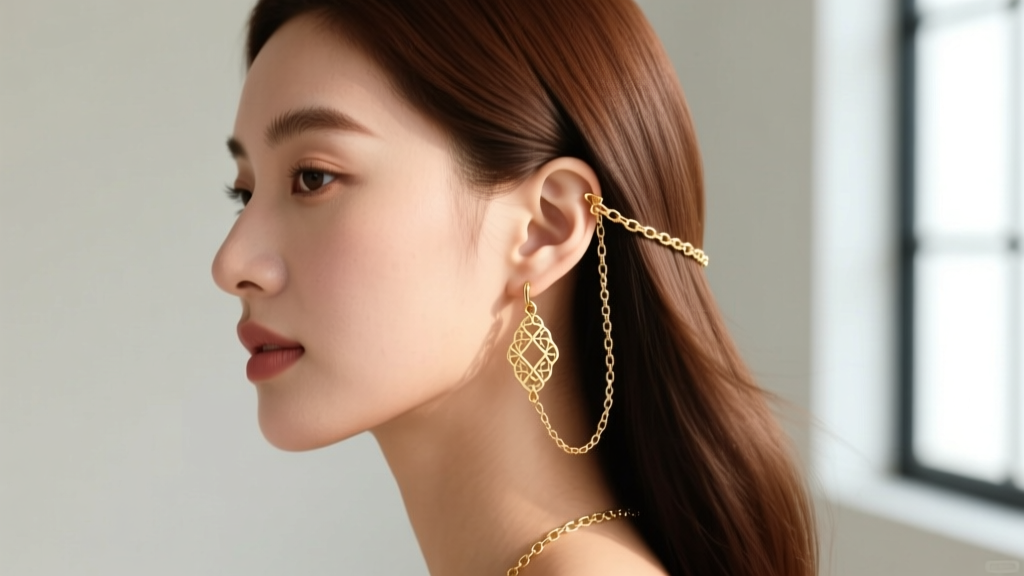 Side profile of a woman wearing an earrings chain setup, demonstrating how to prevent hair snagging on the delicate gold chains