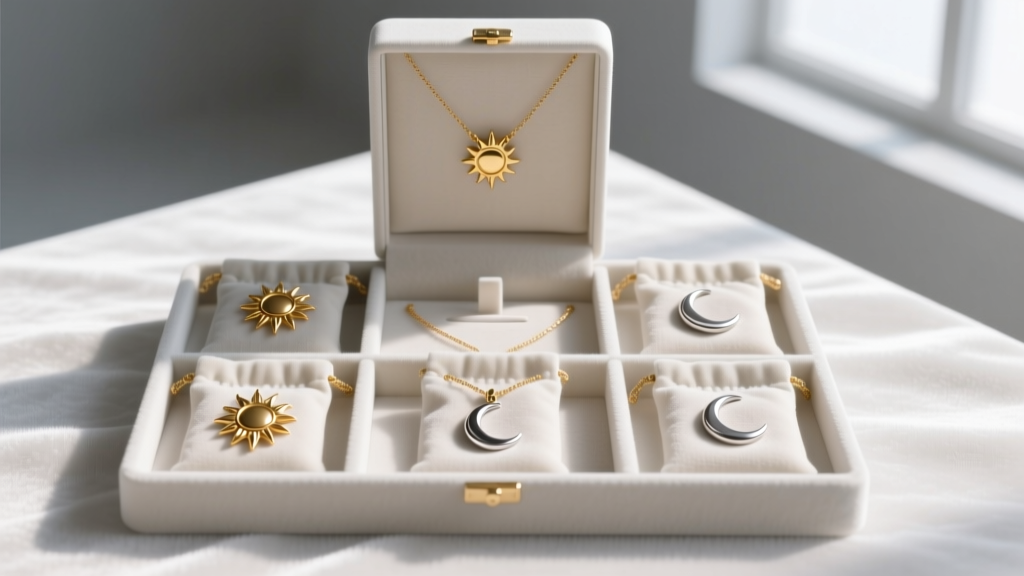 A neatly organized jewelry box showing a sun and moon necklace set stored flat in individual anti-tarnish microfiber pouches.