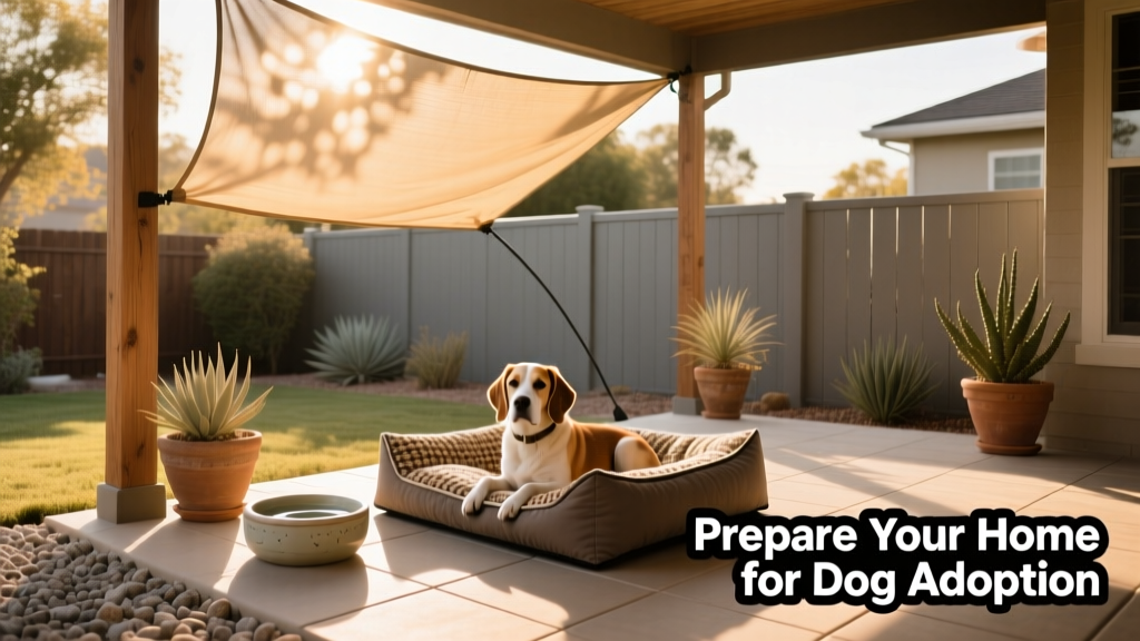 A fenced backyard with shade cloth, a water bowl, and a sturdy dog bed under a covered patio—showing thoughtful outdoor safety planning