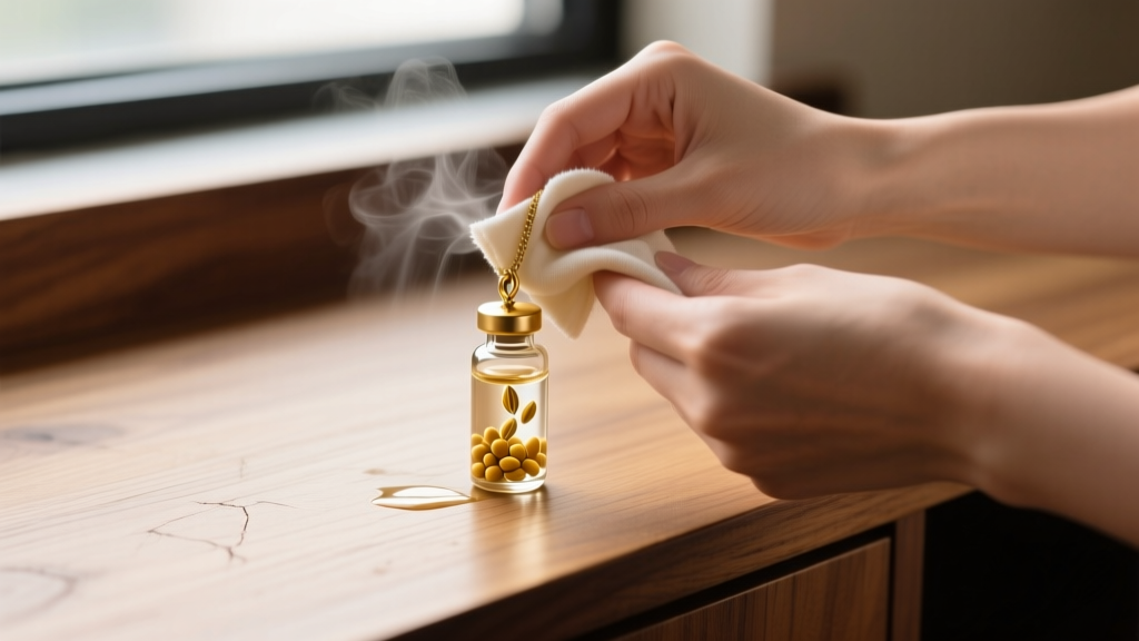 Hands wiping a gold mustard seed glass vial pendant with a soft microfiber cloth and mild soapy water on a wooden vanity top.