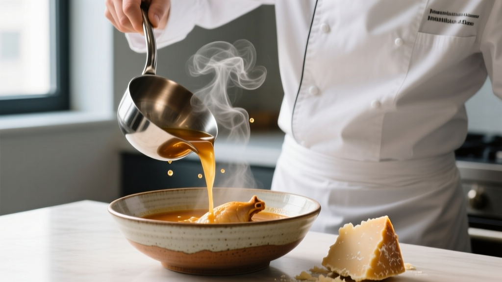 Chef pouring steaming chicken brodo from a heavy-gauge stainless steel soup ladle into a ceramic bowl with parmesan rind visible